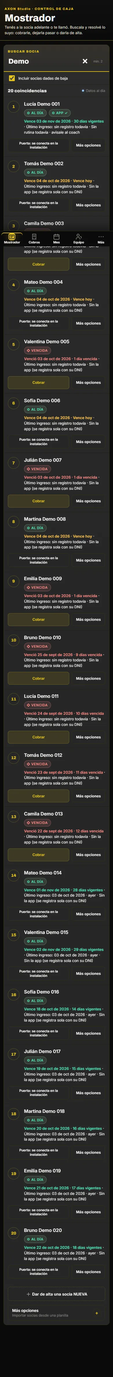 Recorte de una captura real del mostrador de prueba: estados de cuotas y acciones de personas. No corresponde a un gimnasio real.